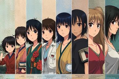 Collage of historical and modern anime and manga images, showing evolution of art styles and themes.