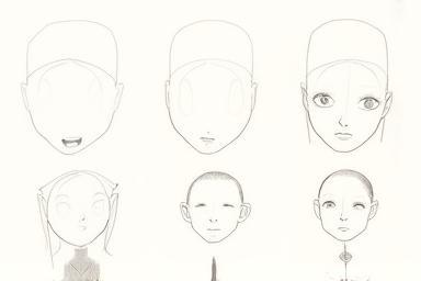 Illustration showing basic manga character drawing steps, focusing on head structure and expressions.